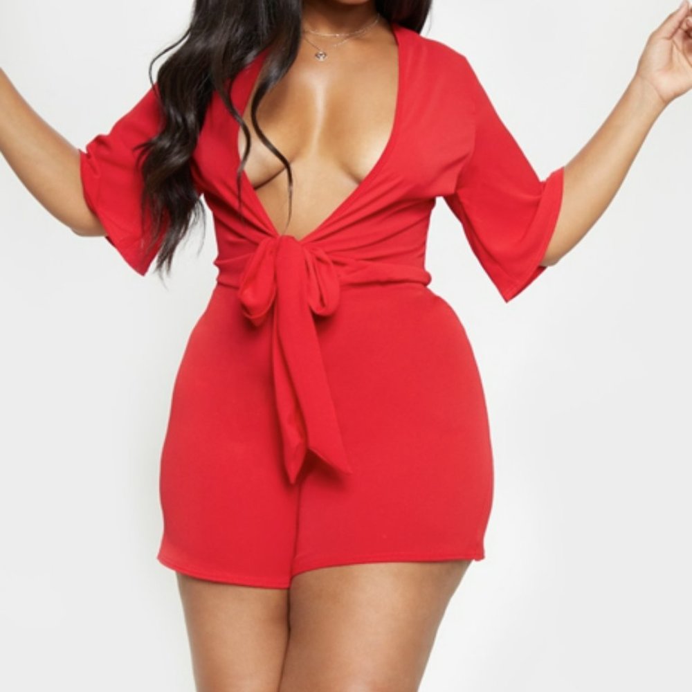 PLUS RED TIE WAIST ROMPER